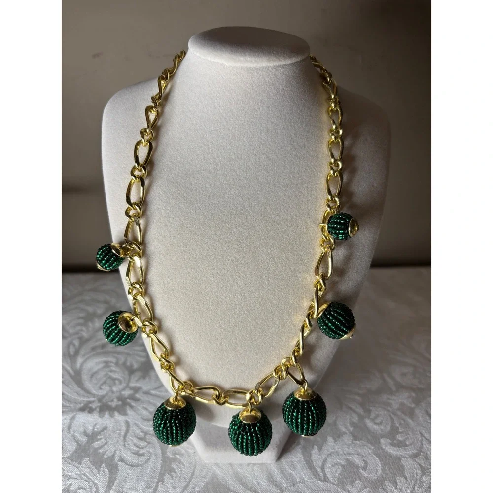 Talbots Gold Tone Chunky Link Necklace Green Beaded Ball Charms Statement 20in